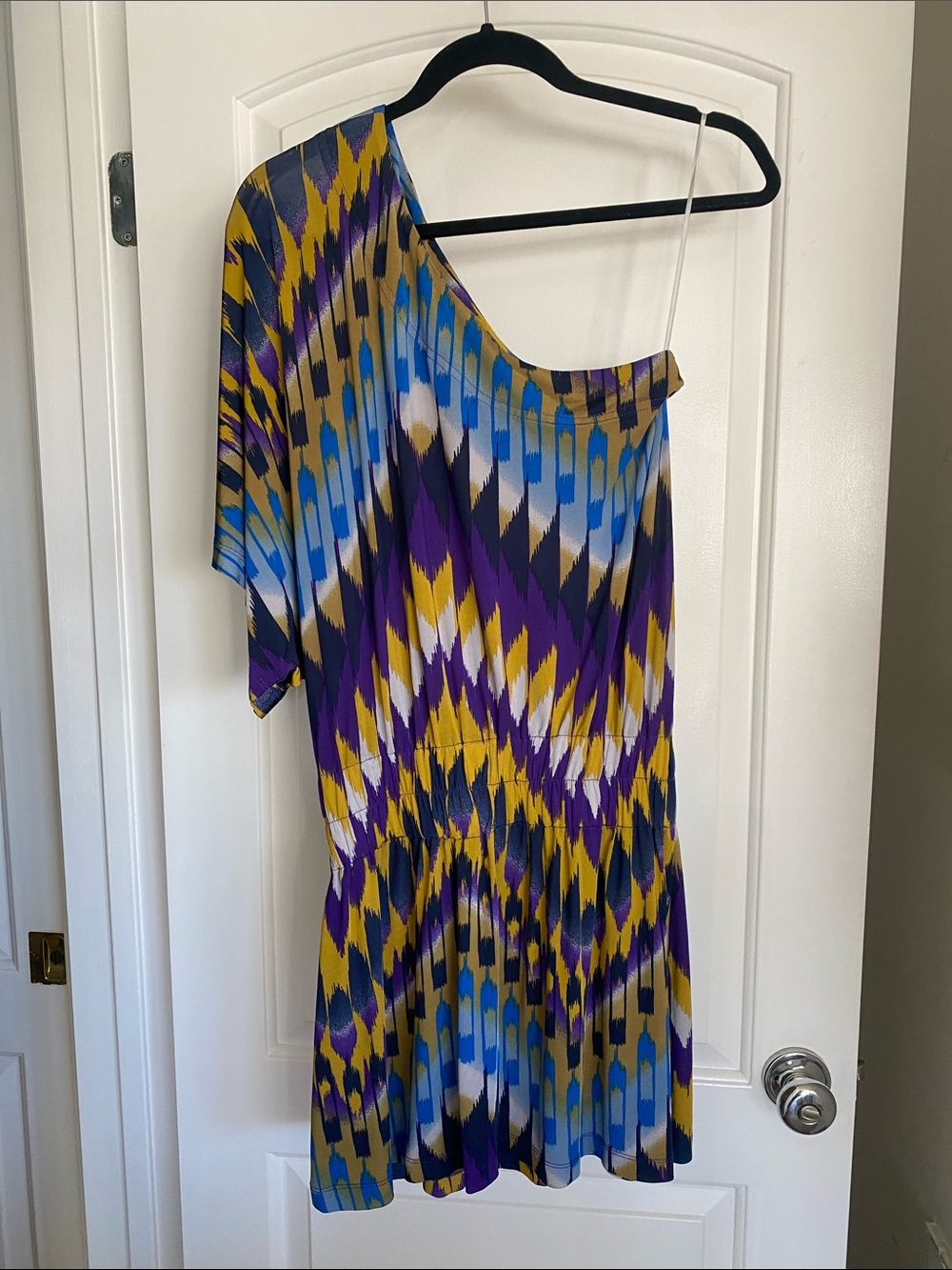 2000s Y2K Barilà One Shoulder Ikat Geometric Blouson Jersey Mini Dress Small